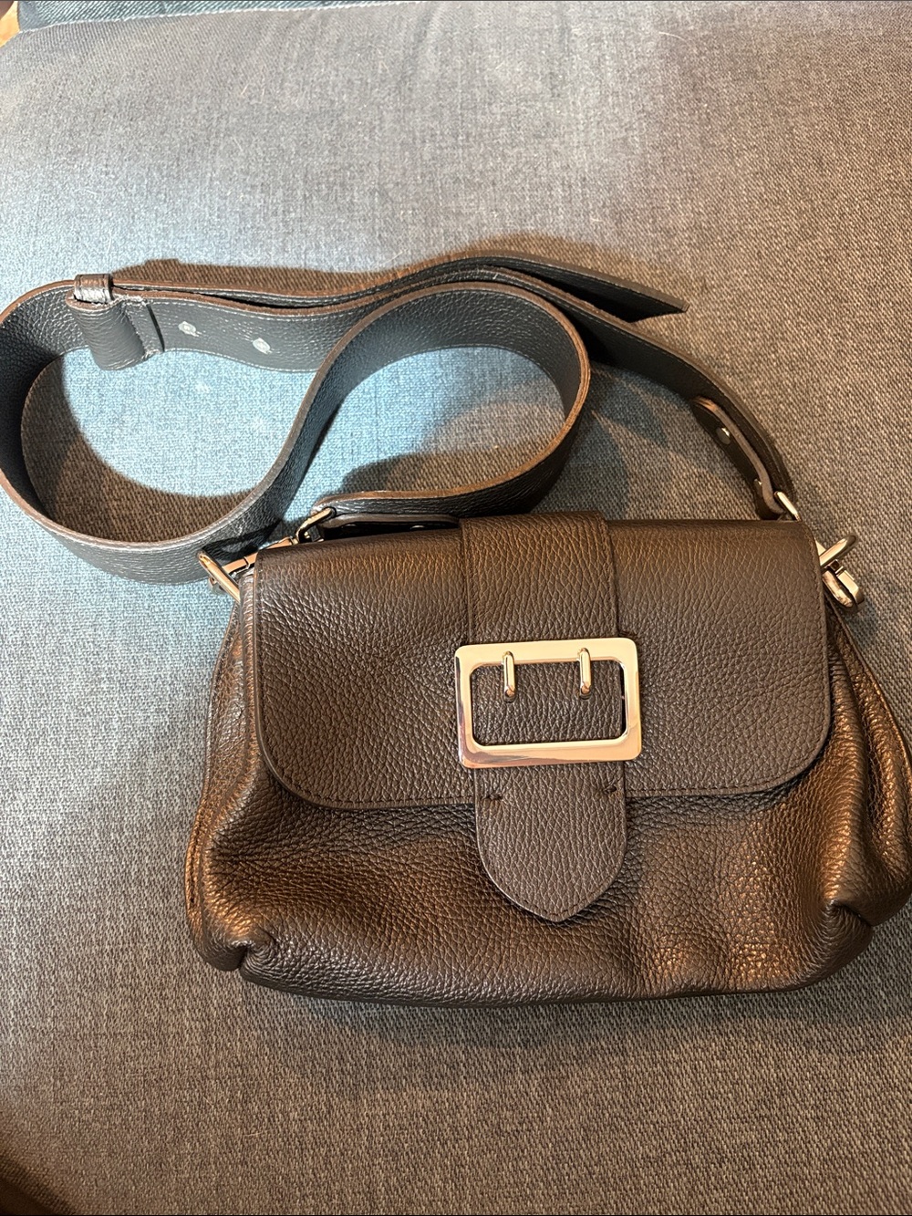 Textured Black Leather Crossbody Bag with Silver Buckle Detail